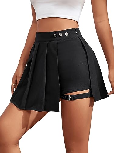 GORGLITTER Damen Hosenrock Kurze Hose Culottes Hosen Casual Minirock Asymmetrisch Röcke mit Schnalle Schwarz XXS von GORGLITTER
