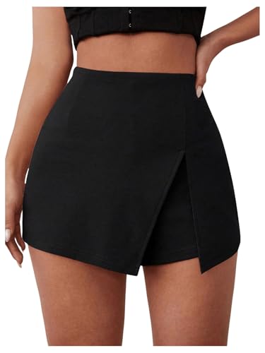 GORGLITTER Damen Hosenrock Kurze Hose Hohe Taille Shorts Herbst Sommer Hosen Casual Rock Elegant Hosenrock mit Schlitz Schwarz L von GORGLITTER