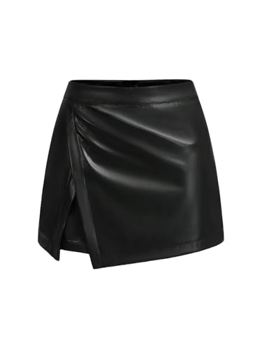 GORGLITTER Damen Hosenrock PU Leder Rock Hohe Taille Sommerrock Enger Rock Kurz Wickelrock Asymmetrisch Lederrock mit Schlitz Partyrock Freizeitrock Schwarz L von GORGLITTER