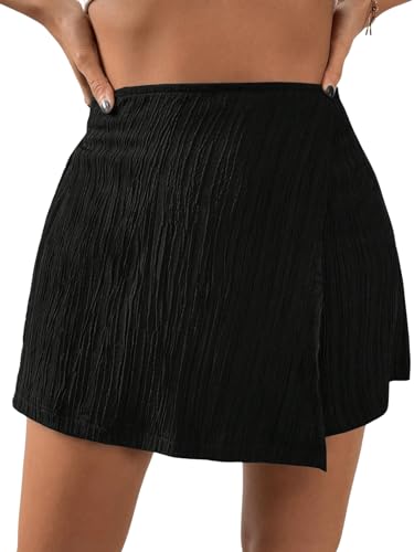 GORGLITTER Damen Hosenrock Short Wickeln Shorts Kurz Hose Elegant Hosenrocke Casualshort Rock mit Elasticher Bund Schwarz L von GORGLITTER