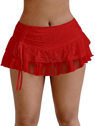 GORGLITTER Damen Hosenrock Spitzen- und Mesh Doppelschicht Röcke Sommer Wickelrock Einfarbig Minirock mit Hohem Schlitz y2k Shorts Festival Kurze Hose Rot S von GORGLITTER