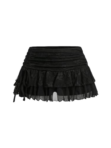 GORGLITTER Damen Hosenrock Spitzen- und Mesh Doppelschicht Röcke Sommer Wickelrock Einfarbig Minirock mit Hohem Schlitz y2k Shorts Festival Kurze Hose Schwarz M von GORGLITTER