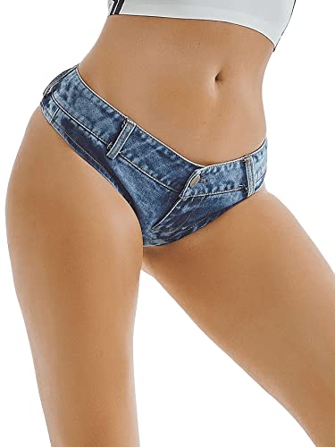 GORGLITTER Damen Hot Pants Denim Booty Shorts Kurze Jeans Hose Micro Mini Panty Hipster Party Nacht Clubwear Blau S von GORGLITTER