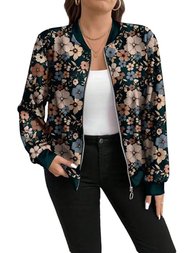 GORGLITTER Damen Jacke Elegant Langarm Bomberjacke Leichte Blumenmuster Fliegerjacke mit Reißverschluss Baseball Jacken Übergangsjacke Herbst Dunkelgrün 2XL von GORGLITTER