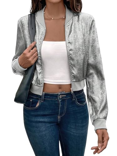 GORGLITTER Damen Jacke Herbst Bomberjacke Kurze Casual Fliegerjacke Leichte Baseball-Kragen Jacken Blouson Übergangsjacke Freizeitjacke Silber M von GORGLITTER