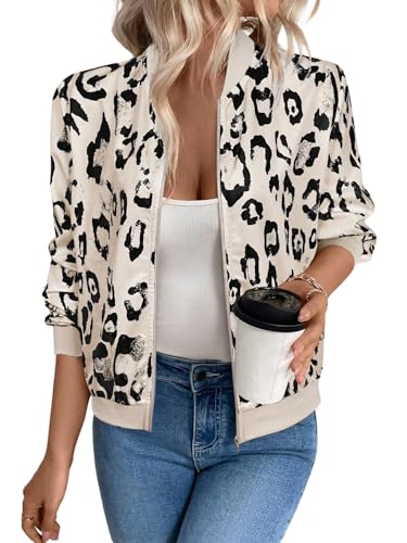 GORGLITTER Damen Jacke Herbst Elegant Bomberjacke Kurze Fliegerjacke mit Leopardenmuster Baseball-Kragen Jacken Mit Reißverschluss Übergangsjacke Aprikosenfarben S von GORGLITTER