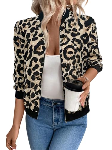 GORGLITTER Damen Jacke Herbst Elegant Bomberjacke Kurze Fliegerjacke mit Leopardenmuster Baseball-Kragen Jacken Mit Reißverschluss Übergangsjacke Khaki XXL von GORGLITTER