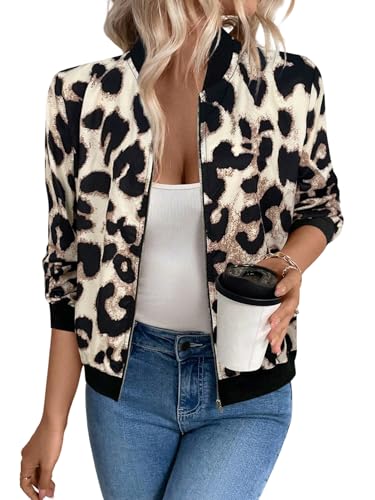 GORGLITTER Damen Jacke Herbst Elegant Bomberjacke Kurze Fliegerjacke mit Leopardenmuster Baseball-Kragen Jacken Mit Reißverschluss Übergangsjacke Leoparden M von GORGLITTER