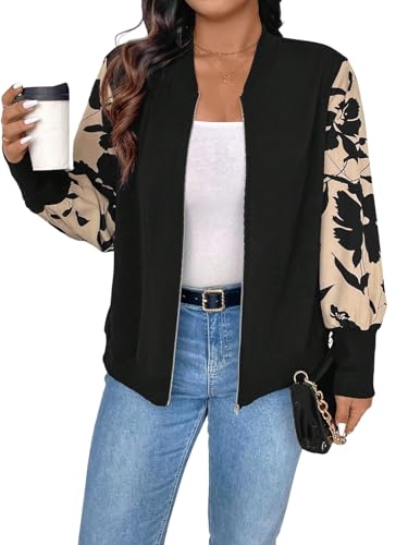 GORGLITTER Damen Jacke Herbst Elegant Bomberjacke Leichte Kurzjacke mit Blumenmuster Fliegerjacke mit Reißverschluss Baseball-Kragen Übergangsjacke Schwarz 2XL von GORGLITTER