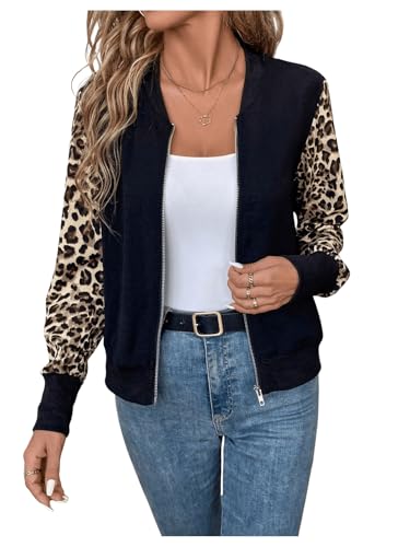 GORGLITTER Damen Jacke Herbst Elegant Jacke Mit Leopardenmuster Bomberjacke Leichte Jacke Mit Reißverschluss Übergangsjacke Freizeitjacke Farbblock-Leo XS GORGLITTER Damen Jacke Herbst Elegant Jacke Mit Leopardenmuster Bomberjacke Leichte Jacke Mit Reißverschluss Übergangsjacke Freizeitjacke Farbblock-Leo XS von GORGLITTER