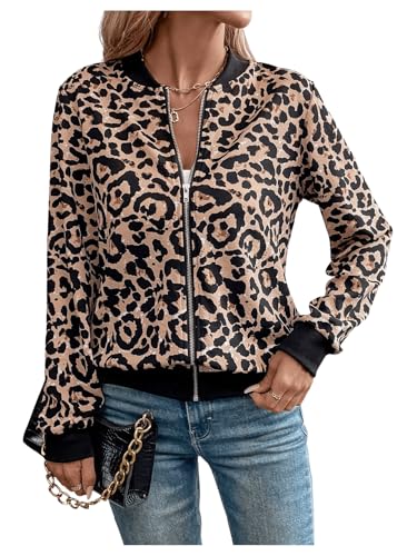 GORGLITTER Damen Jacke Herbst Elegant Jacke Mit Leopardenmuster Bomberjacke Leichte Jacke Mit Reißverschluss Übergangsjacke Freizeitjacke Leo XL von GORGLITTER
