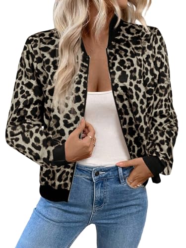 GORGLITTER Damen Jacke Herbst Elegant Jacken mit Leopardenmuster Bomberjacke Leichte Baseball-Kragen Jacken Mit Reißverschluss Übergangsjacke Freizeitjacke Grau XL von GORGLITTER