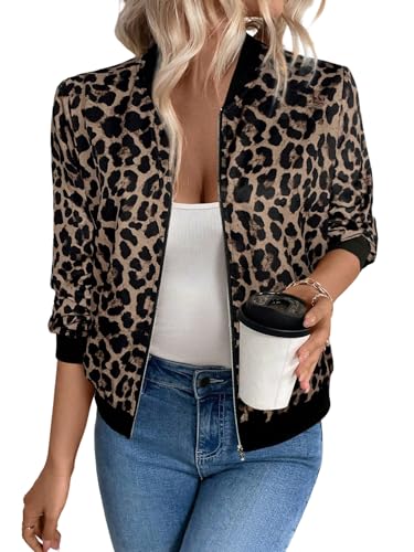 GORGLITTER Damen Jacke Herbst Elegant Jacken mit Leopardenmuster Bomberjacke Leichte Baseball-Kragen Jacken Mit Reißverschluss Übergangsjacke Freizeitjacke Mokka Braun XXL von GORGLITTER