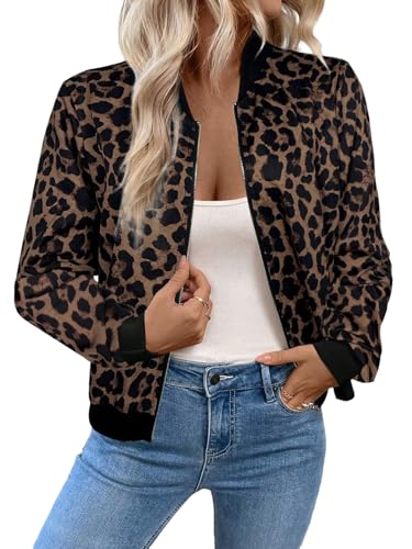 GORGLITTER Damen Jacke Herbst Elegant Jacken mit Leopardenmuster Bomberjacke Leichte Baseball-Kragen Jacken Mit Reißverschluss Übergangsjacke Freizeitjacke Schokoladenbraun L von GORGLITTER