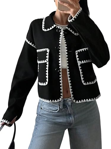 GORGLITTER Damen Jacke Kurz Elegant Übergangsjacke Langarm Blazerjacke Cropped Jacken mit Taschen Freizeitjacke Hemdjacke mit Knöpfen Schwarz und Weiß L von GORGLITTER