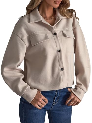 GORGLITTER Damen Jacke Kurz Hemdjacke Übergangsjacke mit Knöpfen vorne Shirtjacke Langarm Freizeitjacke Herbstjacke Leicht Mantel Outwear Aprikosenfarben S von GORGLITTER