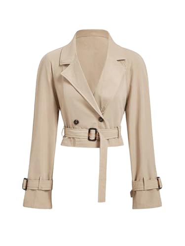 GORGLITTER Damen Jacke Kurz Zweireiher Trenchcoat Leichte Kurzmantel mit Gürtel Herbstjacke Freizeit Jacken Übermantel Blouson Reverskragen Khaki XS von GORGLITTER