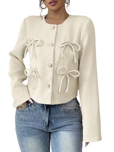 GORGLITTER Damen Jacke Langarm Elegant Vorne Offen Kurz Cardigan Tweed Knopfleiste Arbeitsblazer Office Jackenblazer mit Rundhals Ausschnitt Aprikosenfarben S von GORGLITTER