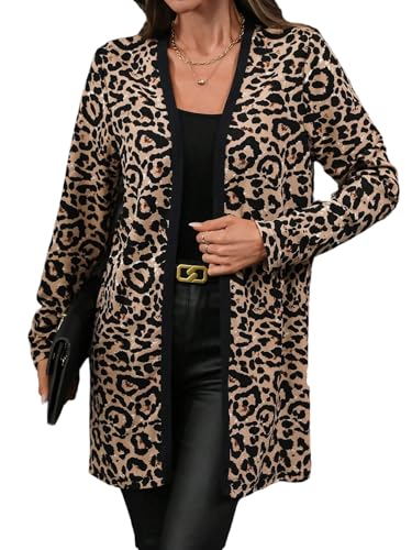 GORGLITTER Damen Jacke Leichte Dünne Lang Blouson mit Leopardenmuster Lange Ärmel Jäckchen Open Front Cardigan Übergangjacke Leichter Mantel Leoparden XL von GORGLITTER