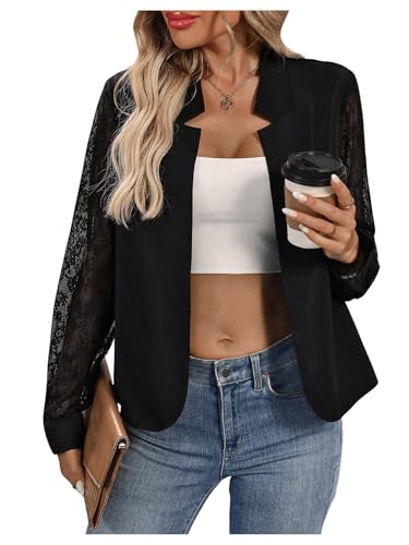 GORGLITTER Damen Jacke Mit Spitze Leichte Jacke Dünn Spitzenjacke Festlich Offene Jacke Durchsichtige Jacke Freizeitjacke Übergangsjacke Schwarz S von GORGLITTER
