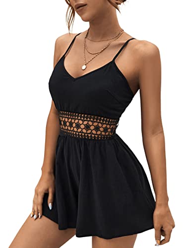 GORGLITTER Damen Jumpsuit Spaghettiträger Romper Kurz Böhmisch Jumpsuits Overall Hosenanzug Playsuit mit Spitzen Schwarz M von GORGLITTER