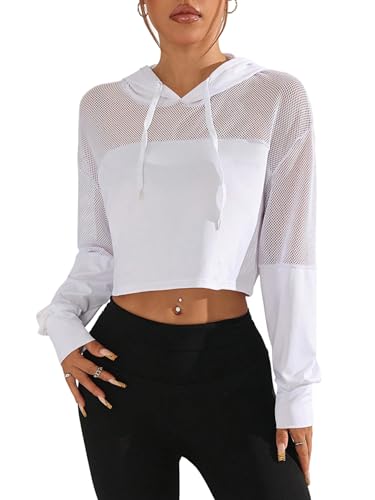 GORGLITTER Damen Kapuze Sweatshirt Langarm Hoodie Kapuzenpullover mit Mesh Oberteile mit Kapuze Sport Kurz Sweatshirts Bauchfrei Langarmshirt Weiß M von GORGLITTER