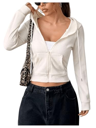 GORGLITTER Damen Kapuzenjacke Kurz Hoodie Sweatshirt mit Kapuze Langarm Jacke Zip Up Übergrößejacke Sportjacke mit Taschen Beige S von GORGLITTER
