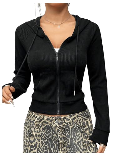 GORGLITTER Damen Kapuzenjacke Kurz Hoodie Sweatshirt mit Kapuze Langarm Jacke Zip Up Übergrößejacke Sportjacke mit Taschen Schwarz M von GORGLITTER