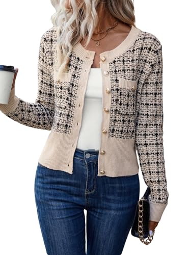 GORGLITTER Damen Kariert Cardigan Strickjacke Elegant Strickmantel Outwear Pullover Pulli Dünne Jacke Sweater mit Plaid Muster Aprikosenfarben M von GORGLITTER