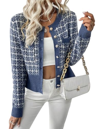 GORGLITTER Damen Kariert Cardigan Strickjacke Elegant Strickmantel Outwear Pullover Pulli Dünne Jacke Sweater mit Plaid Muster Graublau XS von GORGLITTER