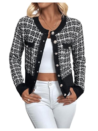 GORGLITTER Damen Kariert Cardigan Strickjacke Elegant Strickmantel Outwear Pullover Pulli Dünne Jacke Sweater mit Plaid Muster Schwarz und Weiß M von GORGLITTER