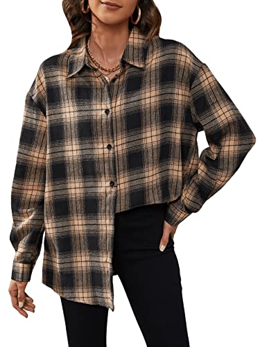 GORGLITTER Damen Kariertes Hemd Blusen Karo Muster Overshirt mit Plaid Boyfriend Hemdbluse Karohemd Button-down Langarm Blusenshirt Khaki und Schwarz M von GORGLITTER