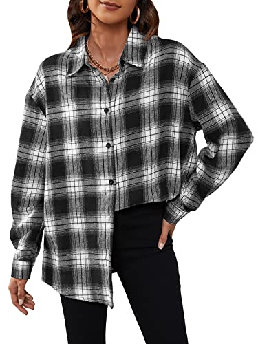 GORGLITTER Damen Kariertes Hemd Blusen Karo Muster Overshirt mit Plaid Boyfriend Hemdbluse Karohemd Button-down Langarm Blusenshirt Schwarz und Weiß L von GORGLITTER