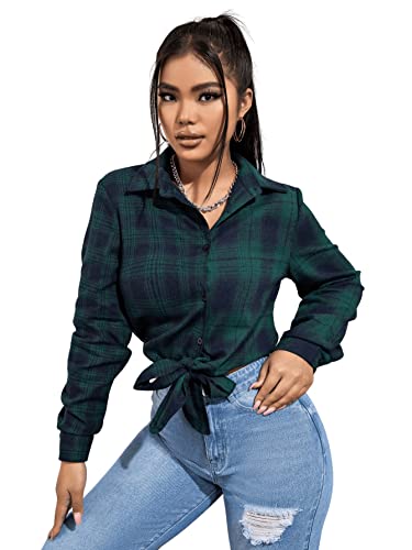 GORGLITTER Damen Kariertes Hemd Blusen Karo Muster mit Plaid Hemdbluse Karohemd Button-down Langarm Blusenshirt Grün L von GORGLITTER