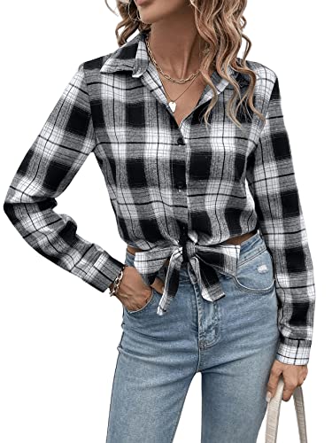 GORGLITTER Damen Kariertes Hemd Blusen Karo Muster mit Plaid Hemdbluse Karohemd Button-down Langarm Blusenshirt Schwarz und Weiß S von GORGLITTER