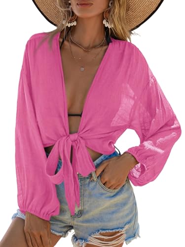 GORGLITTER Damen Kimono Bluse Sommer Strand Cover Up Oberteil Durchsichtig Langarm Bluseshirt Leicht Blusetop Sommershirt mit Knoten Heißes Pink XL von GORGLITTER
