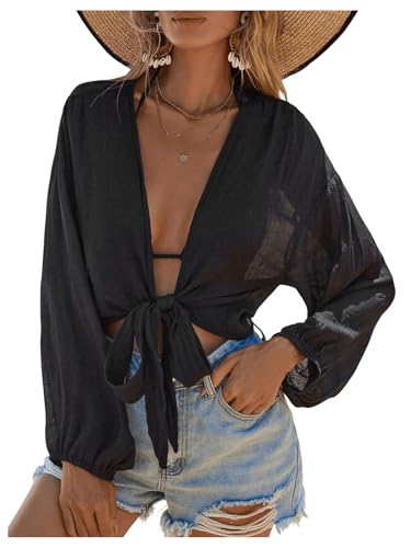 GORGLITTER Damen Kimono Bluse Sommer Strand Cover Up Oberteil Durchsichtig Langarm Bluseshirt Leicht Blusetop Sommershirt mit Knoten Schwarz XL von GORGLITTER