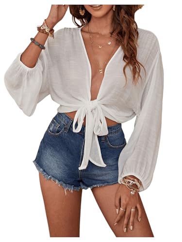 GORGLITTER Damen Kimono Bluse Sommer Strand Cover Up Oberteil Durchsichtig Langarm Bluseshirt Leicht Blusetop Sommershirt mit Knoten Weiß M von GORGLITTER
