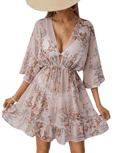 GORGLITTER Damen Kimono Sommer Kurz Strandkleid Lufitg Blumenmuster Bikini Cover Up Strandkleider Locker Boho Strandponcho Geblümt Strandabdeckung Grau-Rosa L von GORGLITTER