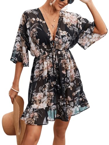 GORGLITTER Damen Kimono Sommer Kurz Strandkleid Lufitg Blumenmuster Bikini Cover Up Strandkleider Locker Boho Strandponcho Geblümt Strandabdeckung Schwarz XL GORGLITTER Damen Kimono Sommer Kurz Strandkleid Lufitg Blumenmuster Bikini Cover Up Strandkleider Locker Boho Strandponcho Geblümt Strandabdeckung Schwarz XL von GORGLITTER