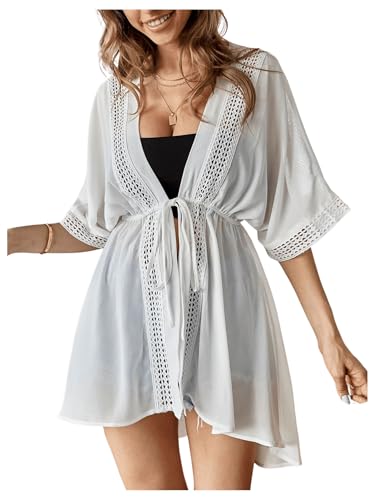 GORGLITTER Damen Kimono Strand Cardigan Strandkleid Loose Kurz Boho Bikini Cover Up Oversized Mode Leichte Beachwear Strandponcho mit Band vorne Weiß S von GORGLITTER