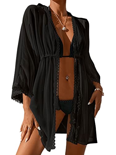 GORGLITTER Damen Kimono Strand Cardigan Strandkleid Loose Kurz Boho Bikini Cover Up Oversized Mode Leichte Beachwear Strandponcho mit Spitzen Schwarz S von GORGLITTER