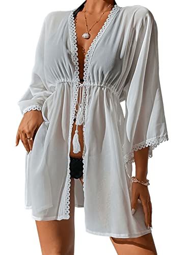 GORGLITTER Damen Kimono Strand Cardigan Strandkleid Loose Kurz Boho Bikini Cover Up Oversized Mode Leichte Beachwear Strandponcho mit Spitzen Weiß L von GORGLITTER