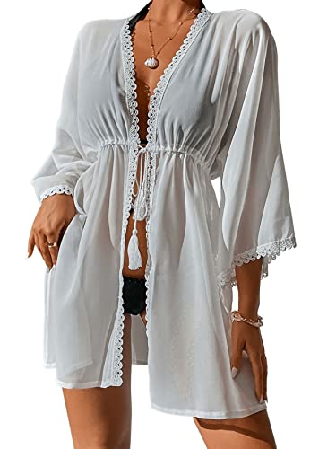 GORGLITTER Damen Kimono Strand Cardigan Strandkleid Loose Kurz Boho Bikini Cover Up Oversized Mode Leichte Beachwear Strandponcho mit Spitzen Weiß S von GORGLITTER