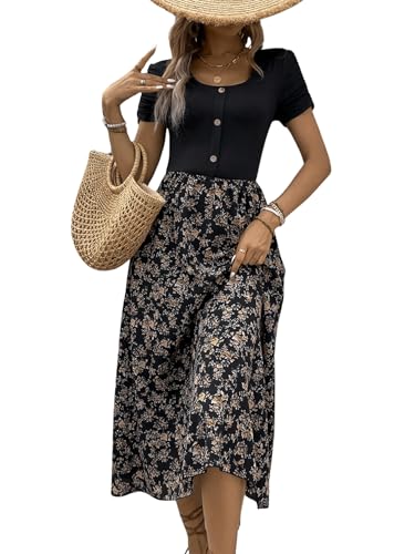 GORGLITTER Damen Kleid Blümchenmuster Midikleid Kurzarm Sommerkleider 2 in 1 Freizeitkleid Boho Blumenkleid A Linie Partykleid Festival Outfit Schwarz L von GORGLITTER