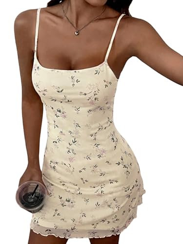 GORGLITTER Damen Kleid Blümchenmuster Sommerkleid Spaghettiträger Kleider Ärmellose Bleistfitkleid Boho-Kleid Wellensaum Freizeitkleider Trägerkleid Aprikosenfarben XS von GORGLITTER