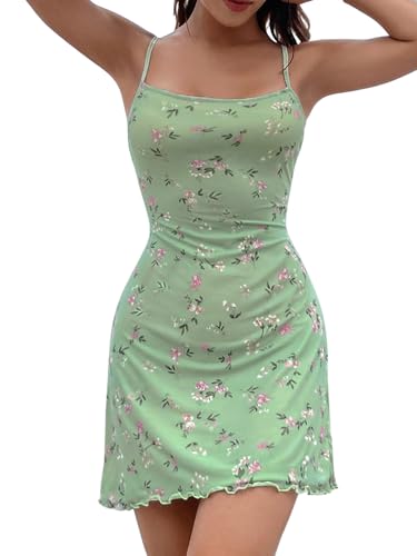 GORGLITTER Damen Kleid Blümchenmuster Sommerkleid Spaghettiträger Kleider Ärmellose Bleistfitkleid Boho-Kleid Wellensaum Freizeitkleider Trägerkleid Grün XS von GORGLITTER
