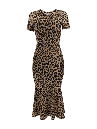 GORGLITTER Damen Kleid Elegant Midikleid Rüschenkleid mit Leopardenmuster Figurbetontes Partykleid Kurzarm Abendkleid Hocherzeitkleid Leoparden L von GORGLITTER