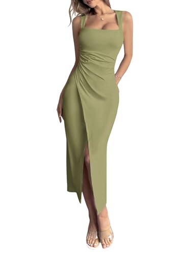 GORGLITTER Damen Kleid Elegant Midikleid mit Schlitz Camisole Sommerkleider Eckiger Ausschnitt Partykleid Ärmellose Lange Hochzeitkleid Wickelkleid Grün XS von GORGLITTER