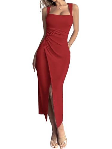 GORGLITTER Damen Kleid Elegant Midikleid mit Schlitz Camisole Sommerkleider Eckiger Ausschnitt Partykleid Ärmellose Lange Hochzeitkleid Wickelkleid Rot M von GORGLITTER